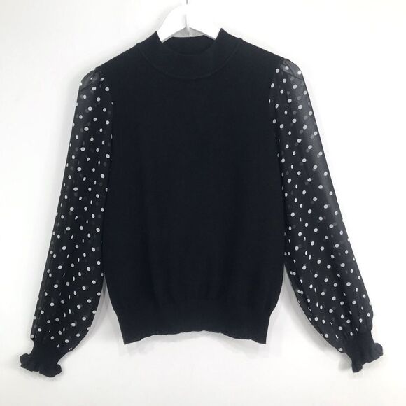 Nanette Lepore Black Knit Polka Dot Semi Sheer Sleeve Ruffle Mockneck Top - Picture 5 of 16